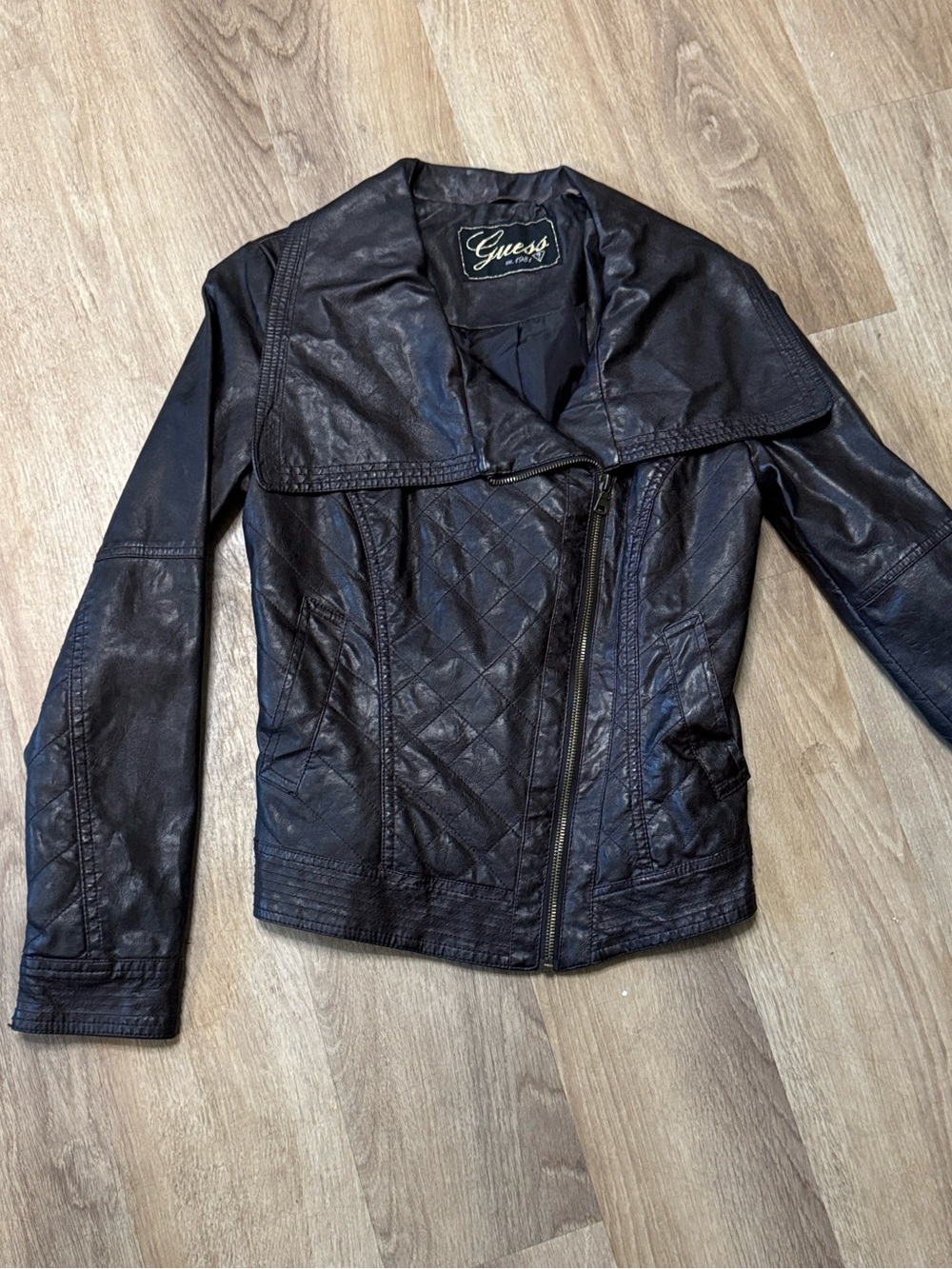 Guess beautiful dark brown Faux Leather Asymmetric Zip Jacket